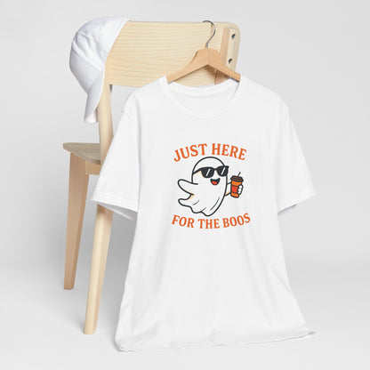Just Here for the Boos Halloween Shirt – Funny Ghost Drinking Coffee Graphic Tee for Spooky Season