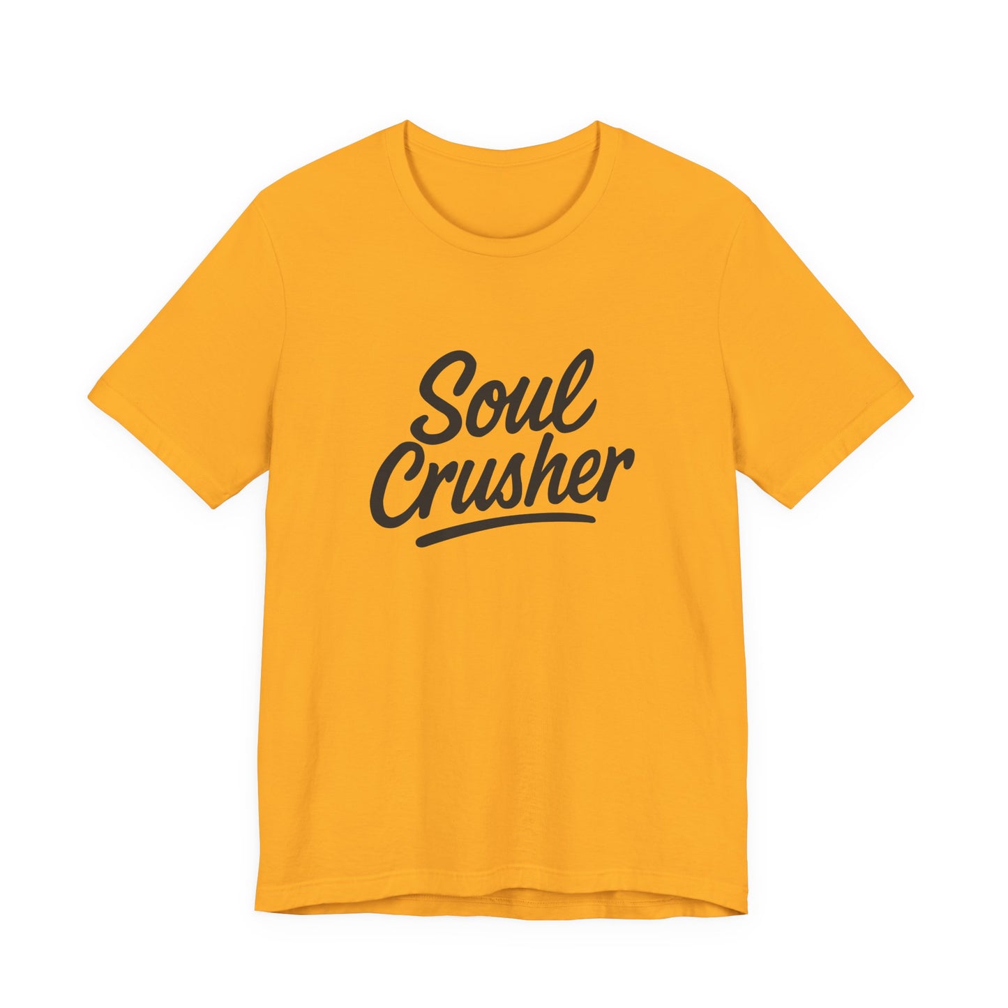 Soul Crusher Text T-Shirt – Dark Theme Grayscale Script Typography on Black Tee with Dark Energy and Modern Ghost Effect. Unisex Jersey Short Sleeve Tee