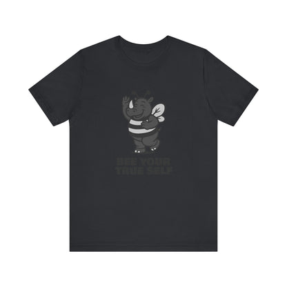 Bee Your True Self T-Shirt – Dark Theme Grayscale Rhino in Bee Costume on Black Tee with Wholesome Humor and Self-Expression Message. Unisex Jersey Short Sleeve Tee