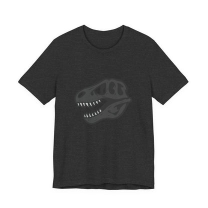 T-Rex Skull Graphic T-Shirt – Dark Theme Grayscale Dinosaur Skeleton Design on Black Tee with Prehistoric Edge and Modern Ghost Effect. Unisex Jersey Short Sleeve Tee
