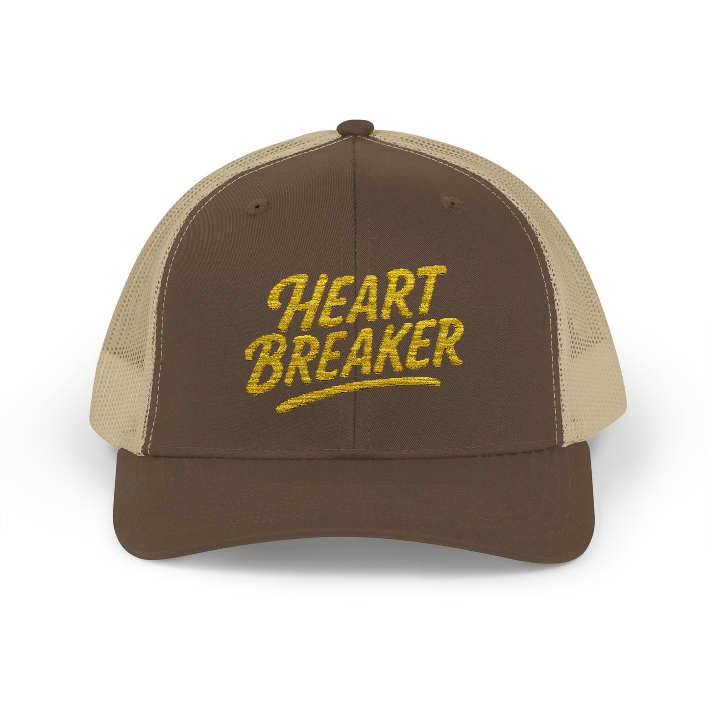 Heartbreaker Trucker Hat – Bold Baseball Hat with Retro Script and Broken Heart Design for Confident Rule-Breakers. Yellow Letters
