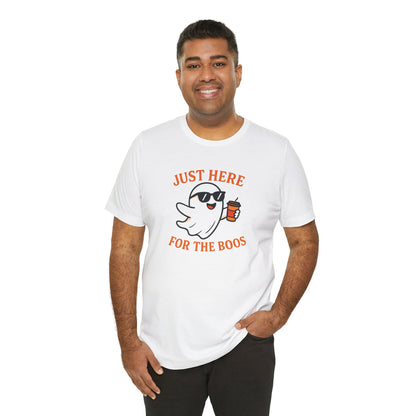 Just Here for the Boos Halloween Shirt – Funny Ghost Drinking Coffee Graphic Tee for Spooky Season