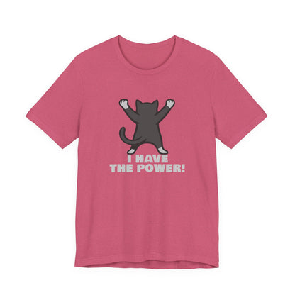 I Have the Power Cat Shirt – Hilarious Victory Pose in Dark Theme Feline Graphic Style. Unisex Jersey Short Sleeve Tee