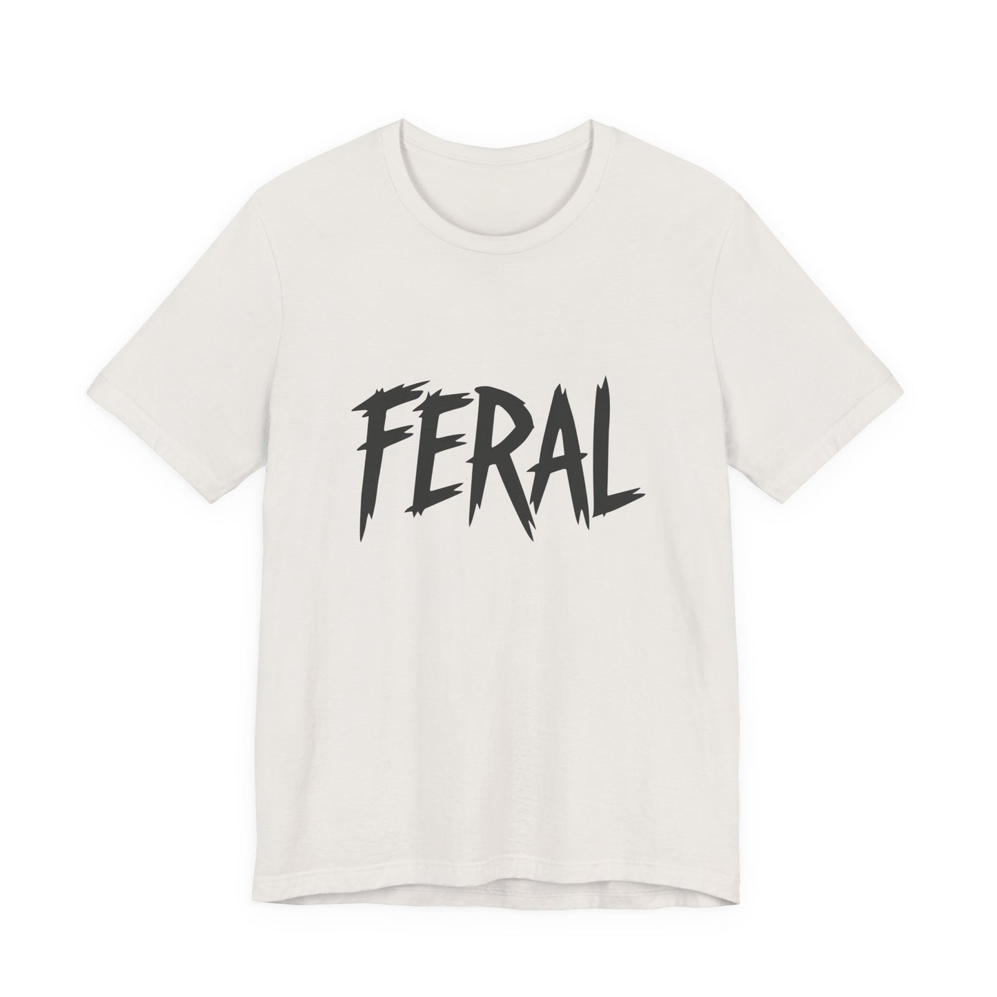 FERAL Text Graphic T-Shirt – Bold Dark Theme Lettering on Black Tee with Untamed Energy and Subtle Modern Ghost Effect. Unisex Jersey Short Sleeve Tee