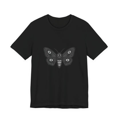 Moth Graphic T-Shirt – Dark Theme Grayscale Winged Insect Design on Black Tee with Gothic Mood and Subtle Modern Ghost Effect. Unisex Jersey Short Sleeve Tee