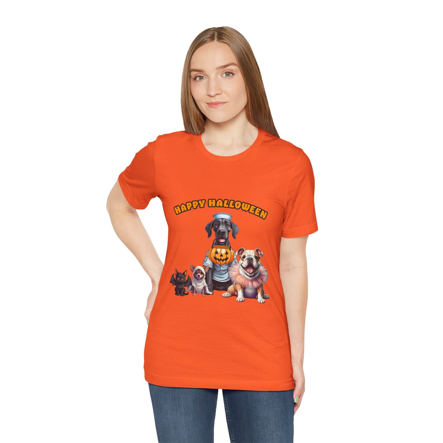 Happy Halloween Pet Parade Shirt – Cute Halloween Dogs and Cat in Costumes. Unisex Jersey Short Sleeve Tee