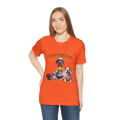 Happy Halloween Pet Parade Shirt – Cute Halloween Dogs and Cat in Costumes. Unisex Jersey Short Sleeve Tee