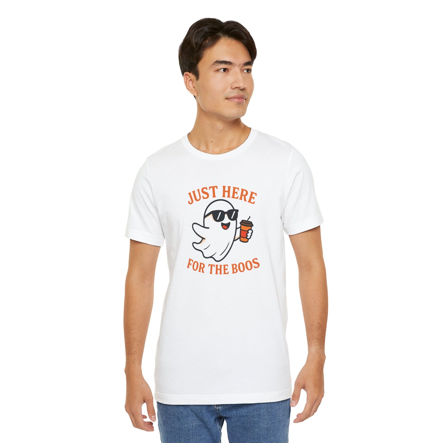 Just Here for the Boos Halloween Shirt – Funny Ghost Drinking Coffee Graphic Tee for Spooky Season