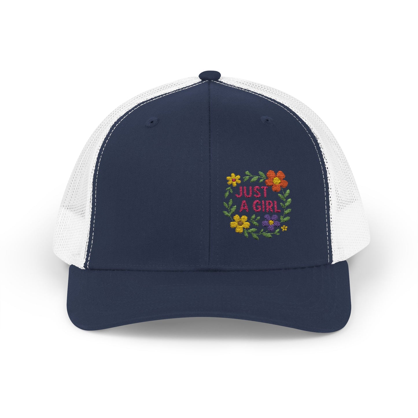 Just a Girl Trucker Hat – Colorful Floral Text Hat with Bold Feminine Style and Summer Vibes