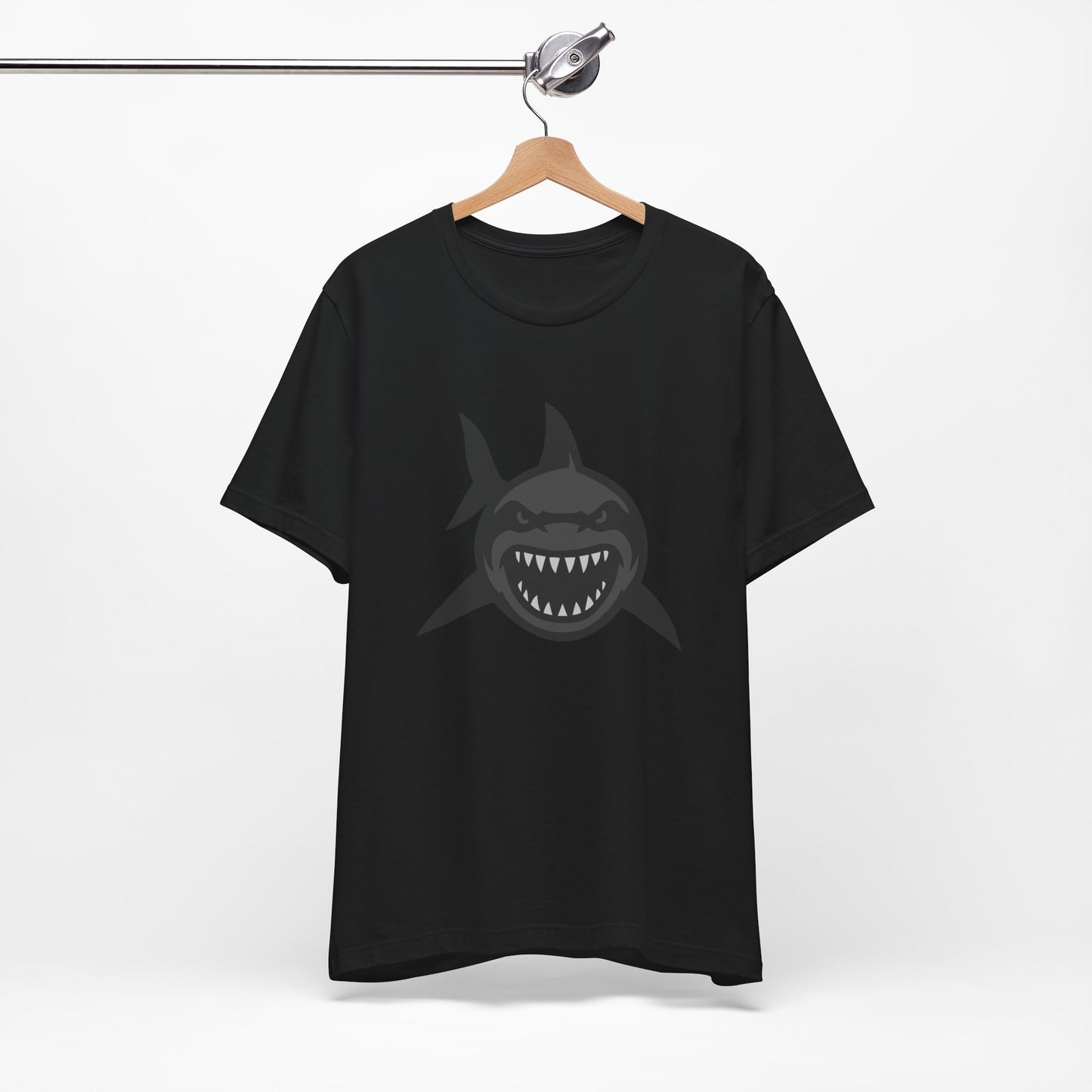 Ferocious Shark Face Graphic Tee with a Bold Bite – Dark Theme Ocean Predator Shirt in Black and Grey. Unisex Jersey Short Sleeve Tee
