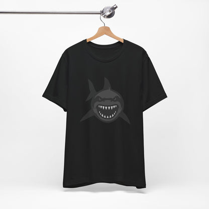 Ferocious Shark Face Graphic Tee with a Bold Bite – Dark Theme Ocean Predator Shirt in Black and Grey. Unisex Jersey Short Sleeve Tee