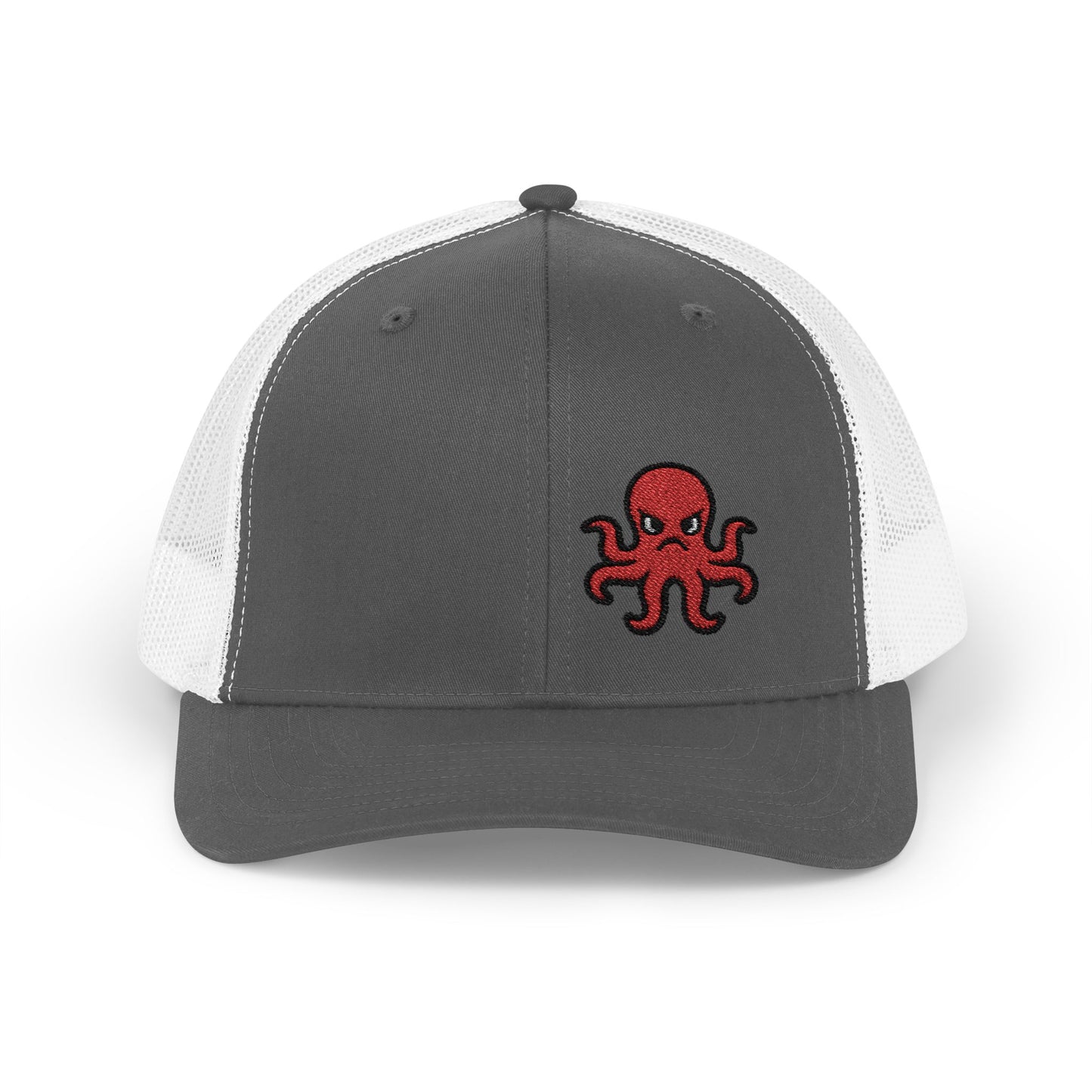 Angry Octopus Trucker Hat – Embroidered Red Sea Creature Hat with Cartoon Vibes and Bold Attitude