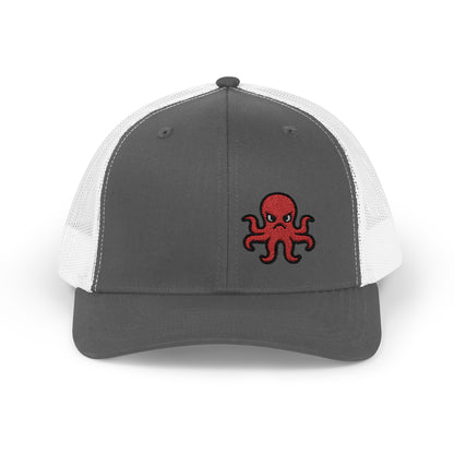 Angry Octopus Trucker Hat – Embroidered Red Sea Creature Hat with Cartoon Vibes and Bold Attitude