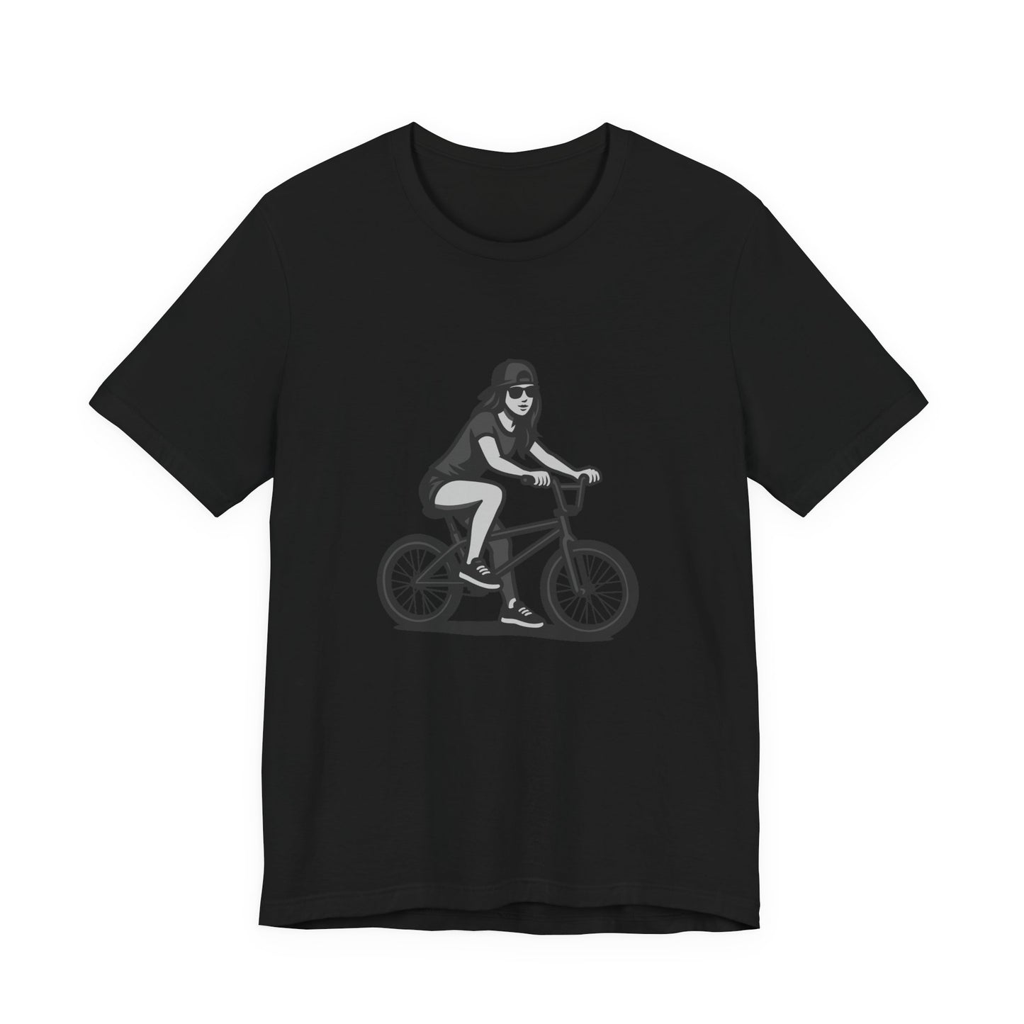 Cool Girl on Bike Graphic T-Shirt – Laid-Back Dark Theme Grayscale Rider Design on Black Tee with Street Style and Subtle Modern Ghost Effect. Unisex Jersey Short Sleeve Tee