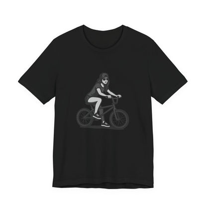 Cool Girl on Bike Graphic T-Shirt – Laid-Back Dark Theme Grayscale Rider Design on Black Tee with Street Style and Subtle Modern Ghost Effect. Unisex Jersey Short Sleeve Tee