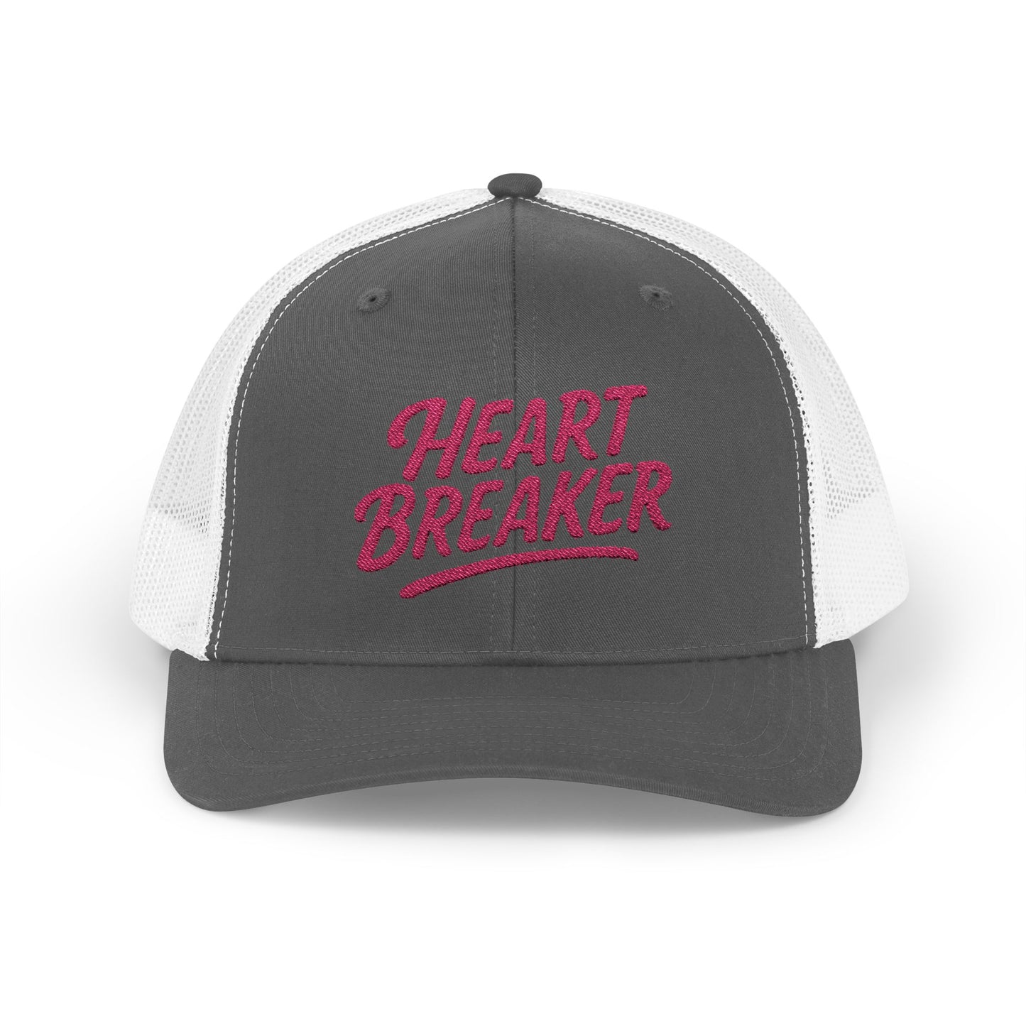 Heartbreaker Trucker Hat – Bold Baseball Hat with Retro Script and Broken Heart Design for Confident Rule-Breakers. Pink Letters