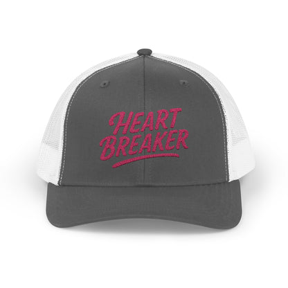 Heartbreaker Trucker Hat – Bold Baseball Hat with Retro Script and Broken Heart Design for Confident Rule-Breakers. Pink Letters