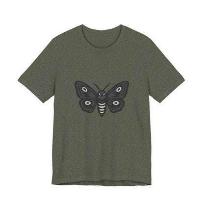 Moth Graphic T-Shirt – Dark Theme Grayscale Winged Insect Design on Black Tee with Gothic Mood and Subtle Modern Ghost Effect. Unisex Jersey Short Sleeve Tee
