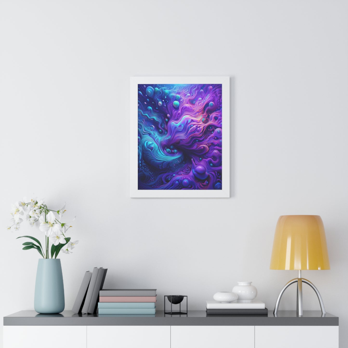 Ethereal Depths Abstract Art Framed Vertical Poster - Vibrant Purple and Blue Design for Home Decor