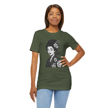 Floral Geisha Graphic Tee Dark Theme – Elegant Vector Portrait with Modern Ghost Effect