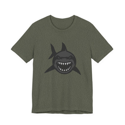 Ferocious Shark Face Graphic Tee with a Bold Bite – Dark Theme Ocean Predator Shirt in Black and Grey. Unisex Jersey Short Sleeve Tee