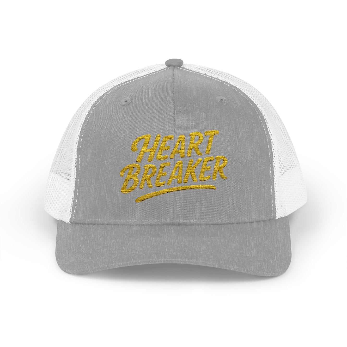 Heartbreaker Trucker Hat – Bold Baseball Hat with Retro Script and Broken Heart Design for Confident Rule-Breakers. Yellow Letters