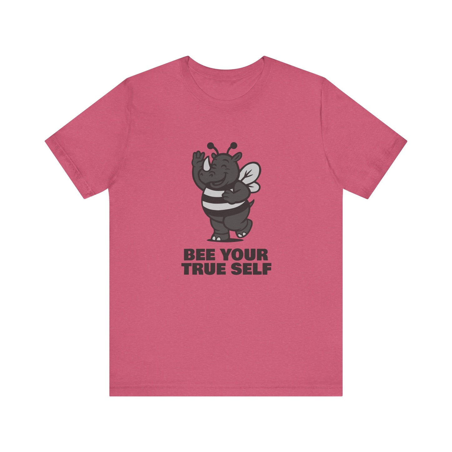 Bee Your True Self T-Shirt – Dark Theme Grayscale Rhino in Bee Costume on Black Tee with Wholesome Humor and Self-Expression Message. Unisex Jersey Short Sleeve Tee
