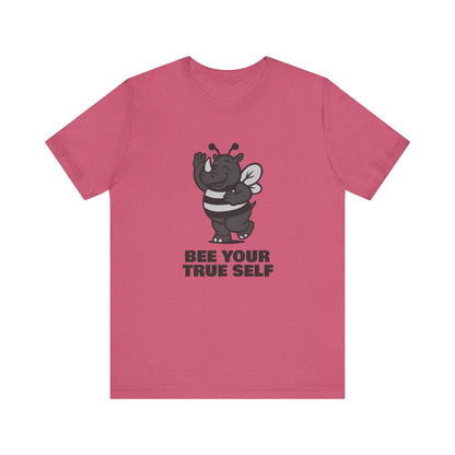 Bee Your True Self T-Shirt – Dark Theme Grayscale Rhino in Bee Costume on Black Tee with Wholesome Humor and Self-Expression Message. Unisex Jersey Short Sleeve Tee