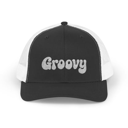 Groovy Trucker Hat – Retro Embroidered Hat with 70s Style Font for Funky Vibes, Chill Days, and Vintage Cool. White Letters