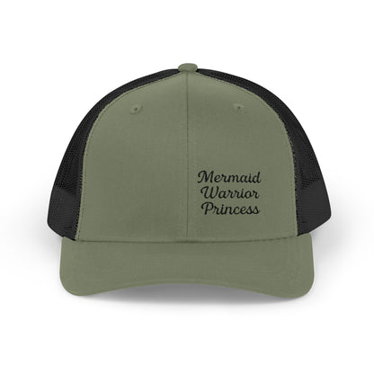 Mermaid Warrior Princess Trucker Hat – Embroidered Bold Text Hat for Magical Queens. Black Letters