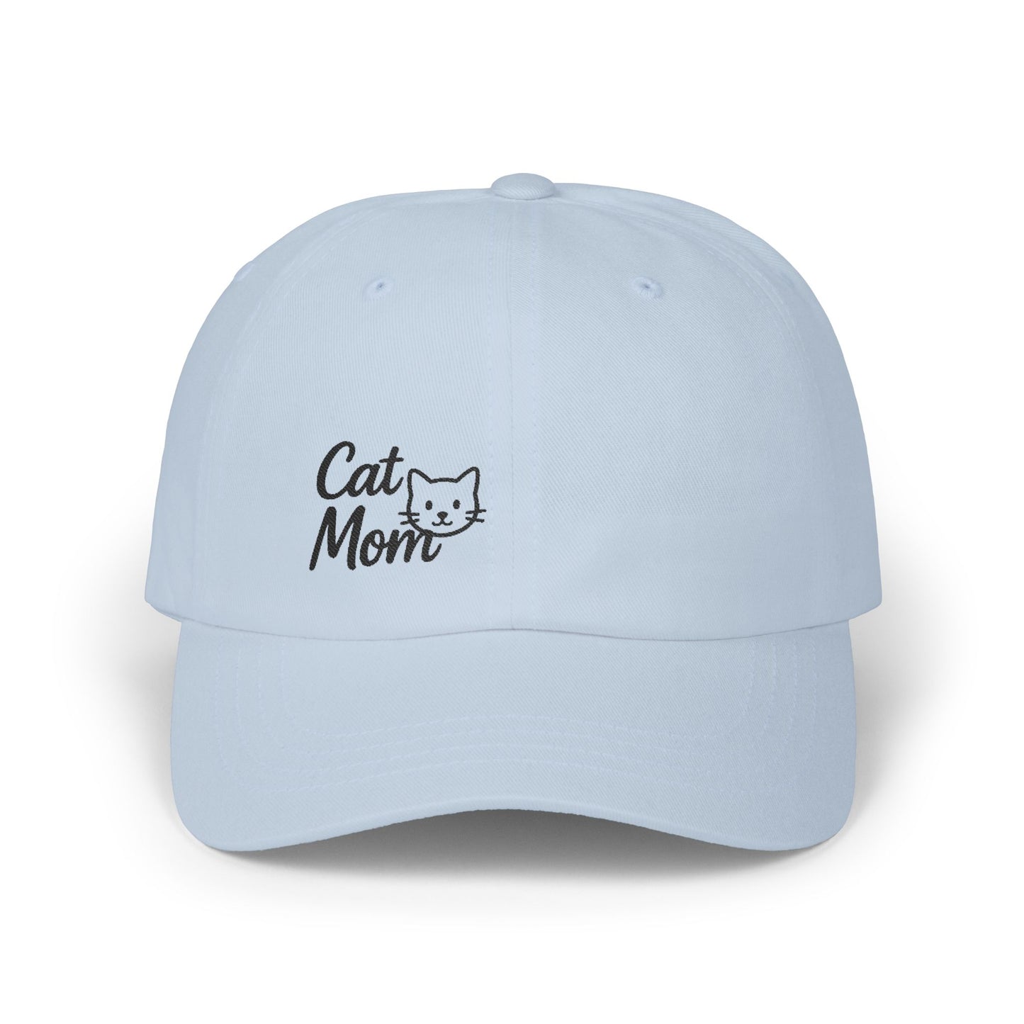 Cat Mom Classic Dad Hat – Embroidered Minimalist Cat Face Hat for Feline-Loving Women with Style. Black Letters