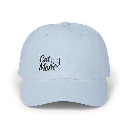 Cat Mom Classic Dad Hat – Embroidered Minimalist Cat Face Hat for Feline-Loving Women with Style. Black Letters