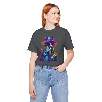 Cool Skeleton and Cat Halloween Shirt – Neon Retro Horror Graphic Tee for Spooky Style and Cat Lovers