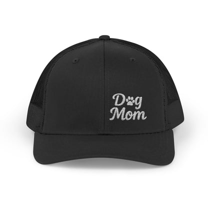 Dog Mom Trucker Hat – Embroidered Minimalist Dog Face Hat for Proud Pet Moms and Dog-Loving Style. White Letters
