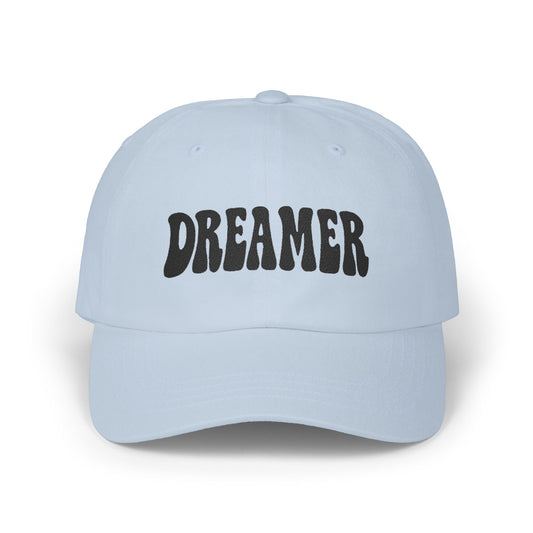 Dreamer Classic Dad Hat – Embroidered Minimalist Script Hat for Visionaries, Creatives, and Chill Daydreamers. Black Letters