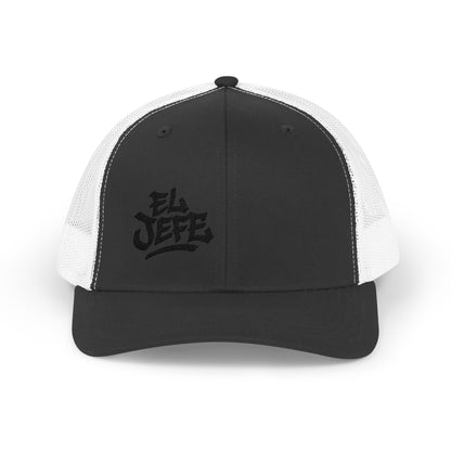 El Jefe Trucker Hat – Embroidered Bold Text Hat for Boss Energy, Leadership Style, and Latin Flair. Black Letters