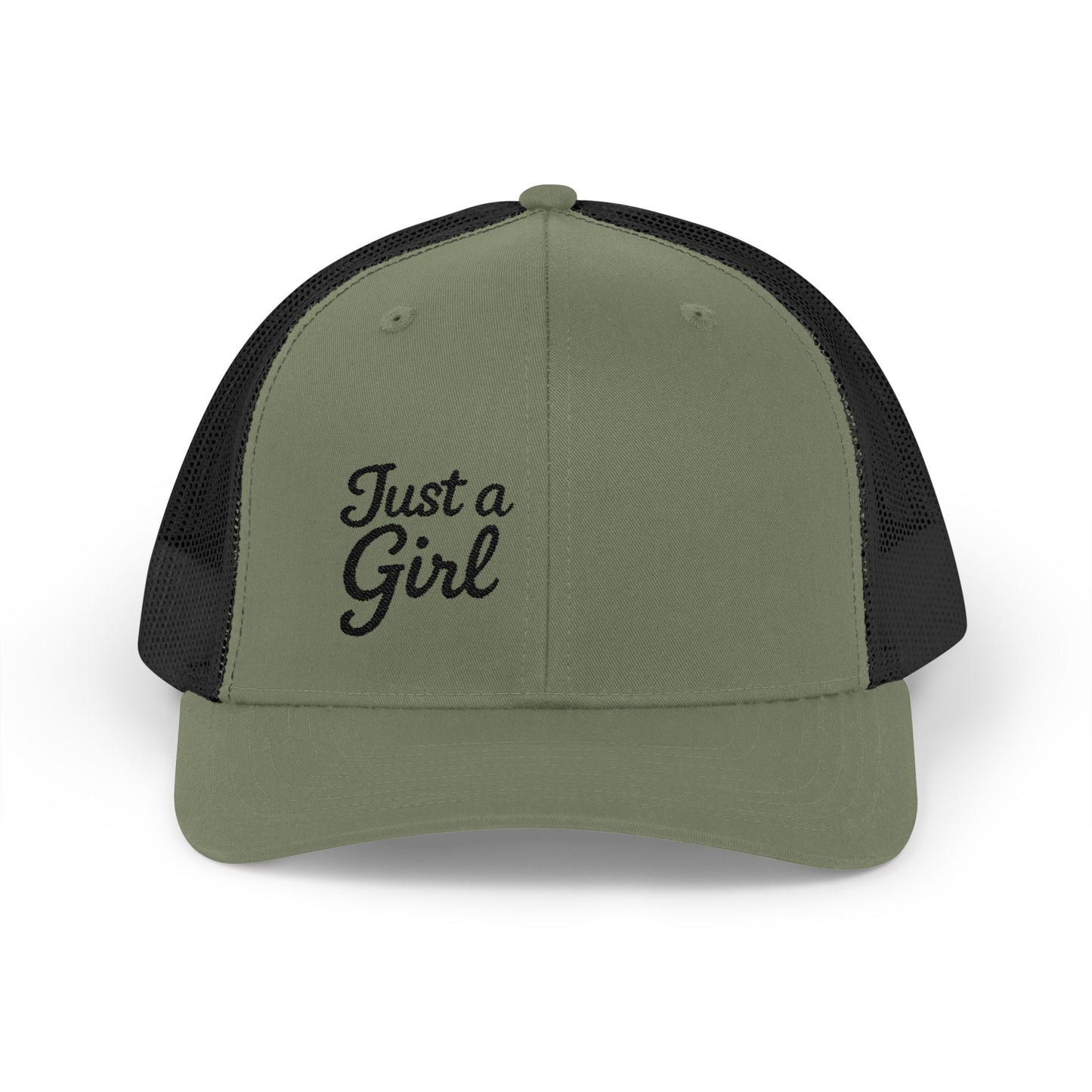 Just a Girl Trucker Hat – Minimalist Script Hat with Bold Feminine Energy and Classic Style. Black Letters
