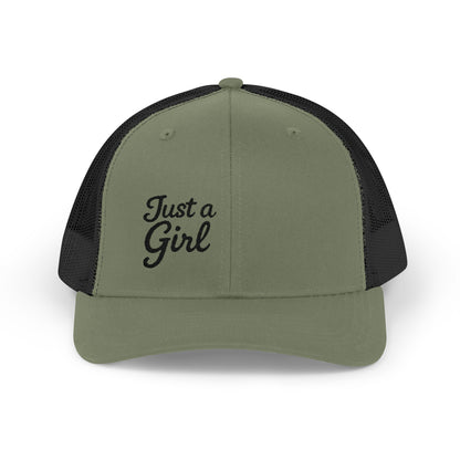 Just a Girl Trucker Hat – Minimalist Script Hat with Bold Feminine Energy and Classic Style. Black Letters