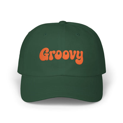 Groovy Classic Dad Hat – Retro Embroidered Hat with 70s Style Font for Funky Vibes, Chill Days, and Vintage Cool. Orange Letters