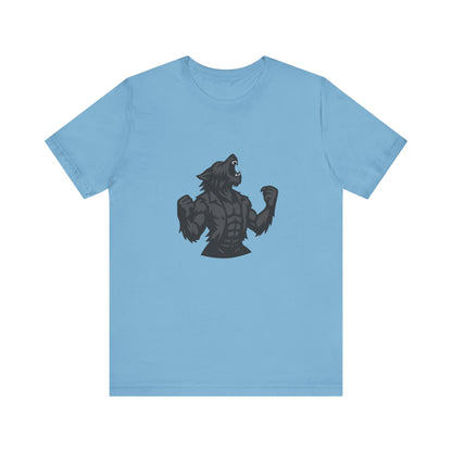 Werewolf Transformation T-Shirt – Dark Theme Grayscale Muscular Monster Design on Black Tee with Savage Energy and Modern Ghost Effect. Unisex Jersey Short Sleeve Tee