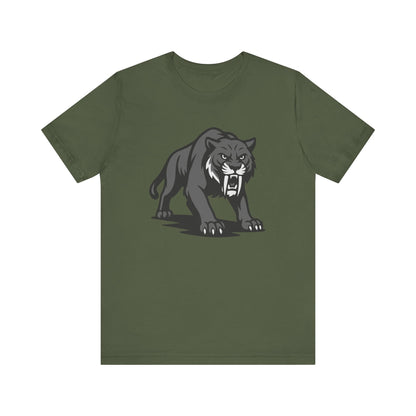 Saber-Tooth Tiger Graphic Tee Dark Theme – Fierce Prehistoric Vector Design with Modern Edge