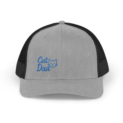Cat Dad Trucker Hat – Embroidered Minimalist Cat Face Hat for Proud Pet Dads and Feline Fans. Blue Letters