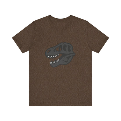 T-Rex Skull Graphic T-Shirt – Dark Theme Grayscale Dinosaur Skeleton Design on Black Tee with Prehistoric Edge and Modern Ghost Effect. Unisex Jersey Short Sleeve Tee