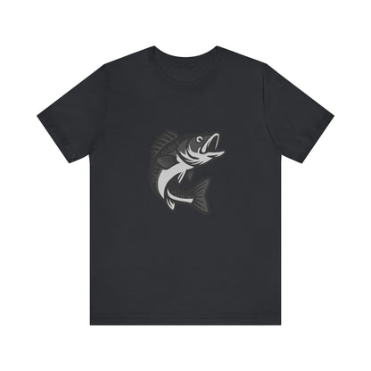 Walleye Fishing Graphic T-Shirt – Dark Theme Grayscale Freshwater Game Fish Design on Black Tee with Angler Energy and Modern Ghost Effect. Unisex Jersey Short Sleeve Tee