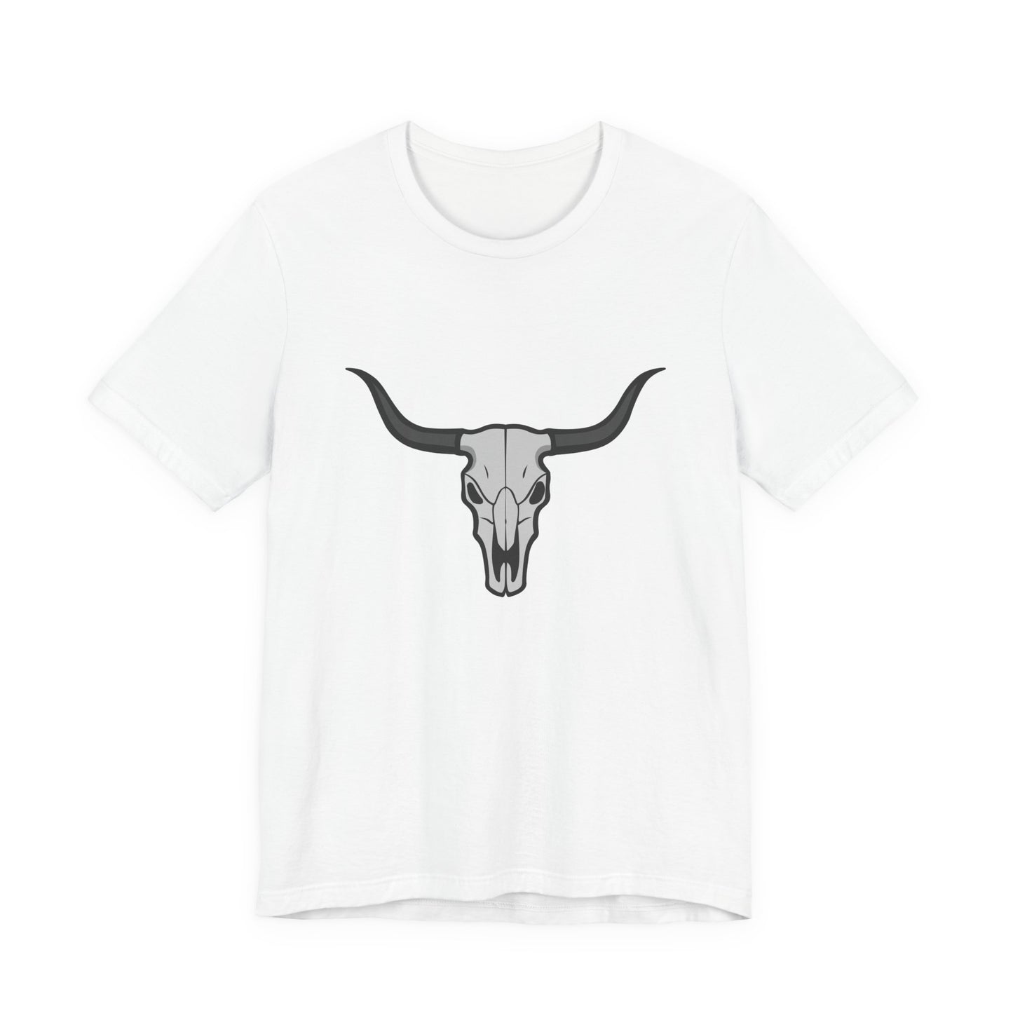 Dark Theme Steer Skull Shirt – Western Cow Skull Graphic in Grey and Black for Desert Gothic Vibes. Unisex Jersey Short Sleeve Tee