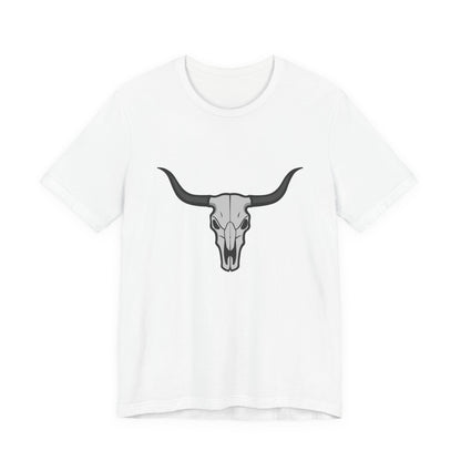 Dark Theme Steer Skull Shirt – Western Cow Skull Graphic in Grey and Black for Desert Gothic Vibes. Unisex Jersey Short Sleeve Tee