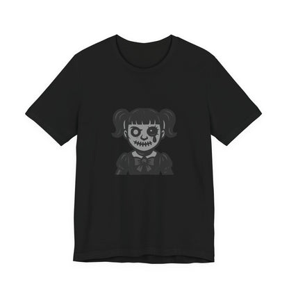 Scary Doll Graphic T-Shirt – Dark Theme Grayscale Creepy Cute Girl Design on Black Tee with Haunted Vibes and Modern Ghost Effect. Unisex Jersey Short Sleeve Tee