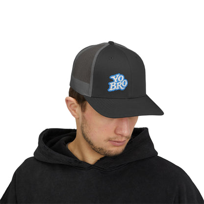 Yo Bro Trucker Hat – Embroidered Blue & White Hat for Laid-Back Vibes