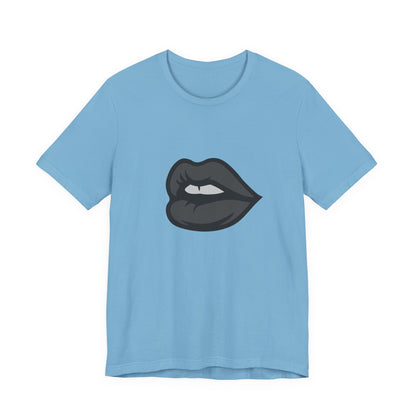 Dark Lips Graphic T-Shirt – Dark Theme Grayscale Biting Lip Design on Black Tee with Subtle Seduction and Modern Ghost Effect. Unisex Jersey Short Sleeve Tee