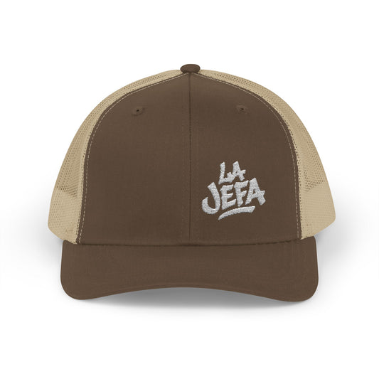 La Jefa Trucker Hat – Embroidered Latina Boss Hat for Bold Women. White Letters